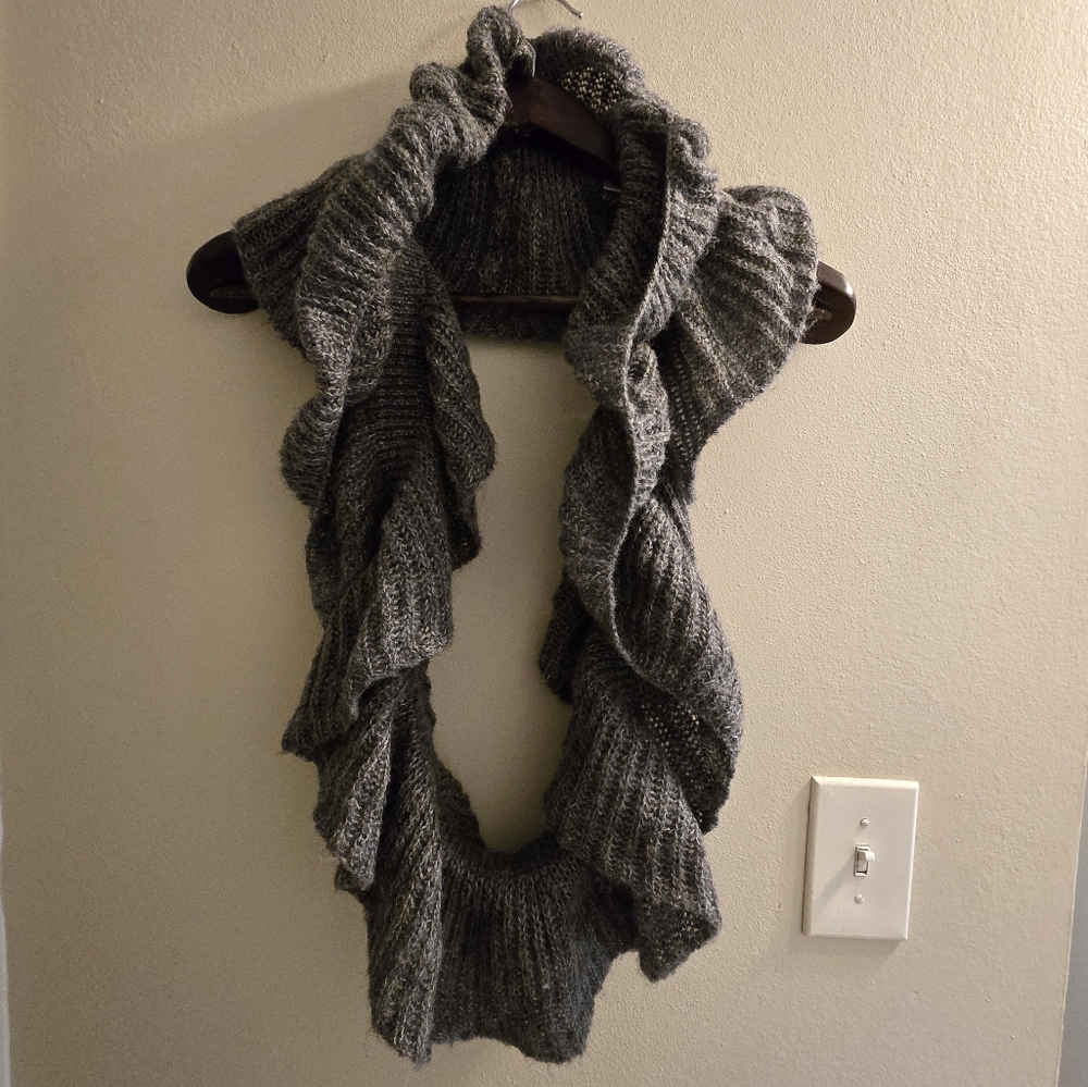 New York & Company Charcoal Knit Ruffles Infinity Scarf